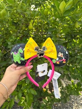 Disney Mickey Mouse Neon Music Ear Headband with Yellow Bow and Pink Band